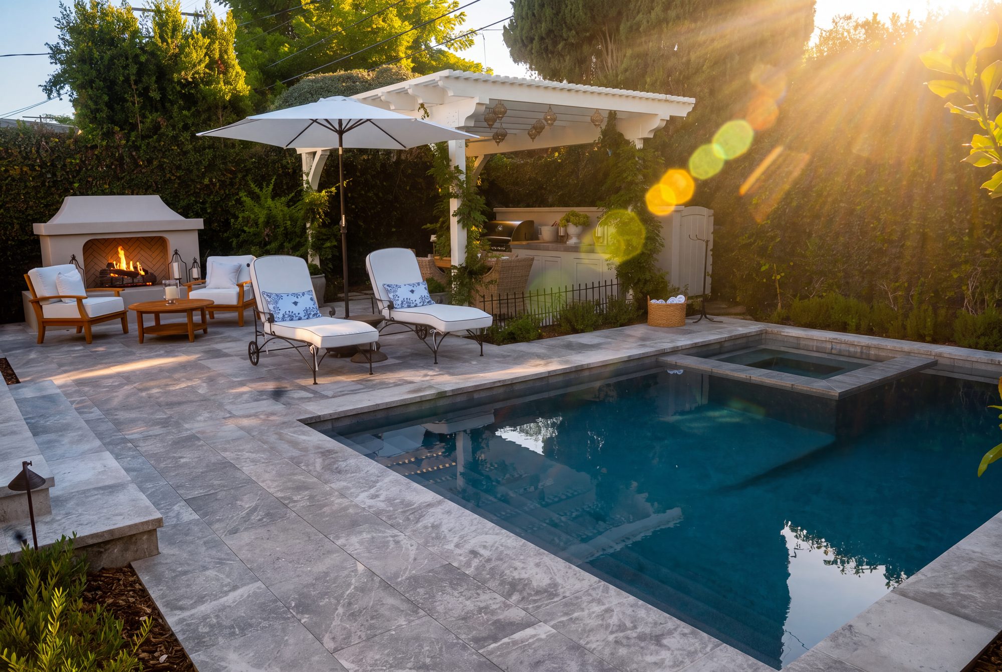 Backyard pool and raised spa with a pergola-covered outdoor kitchen and fireplace, framed by mature trees at sunset